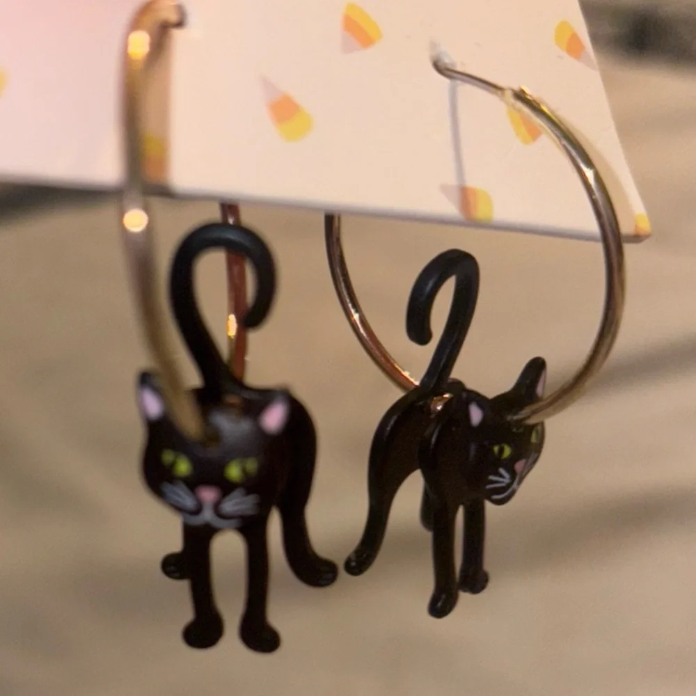 Black Cats 3D dangling earrings.Gold & Black metal Halloween by True to Form NI